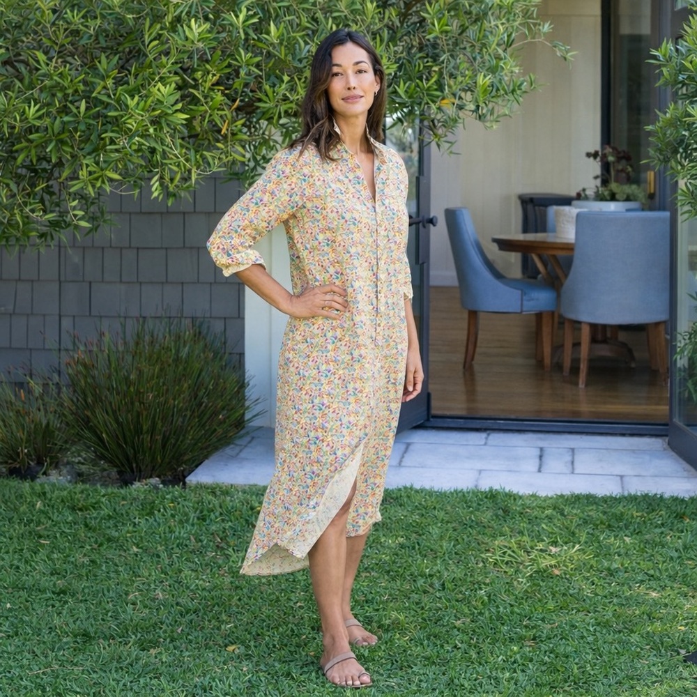 Frank & Eileen Rory Linen Floral Midi Shirt Dress Button Front Size Small